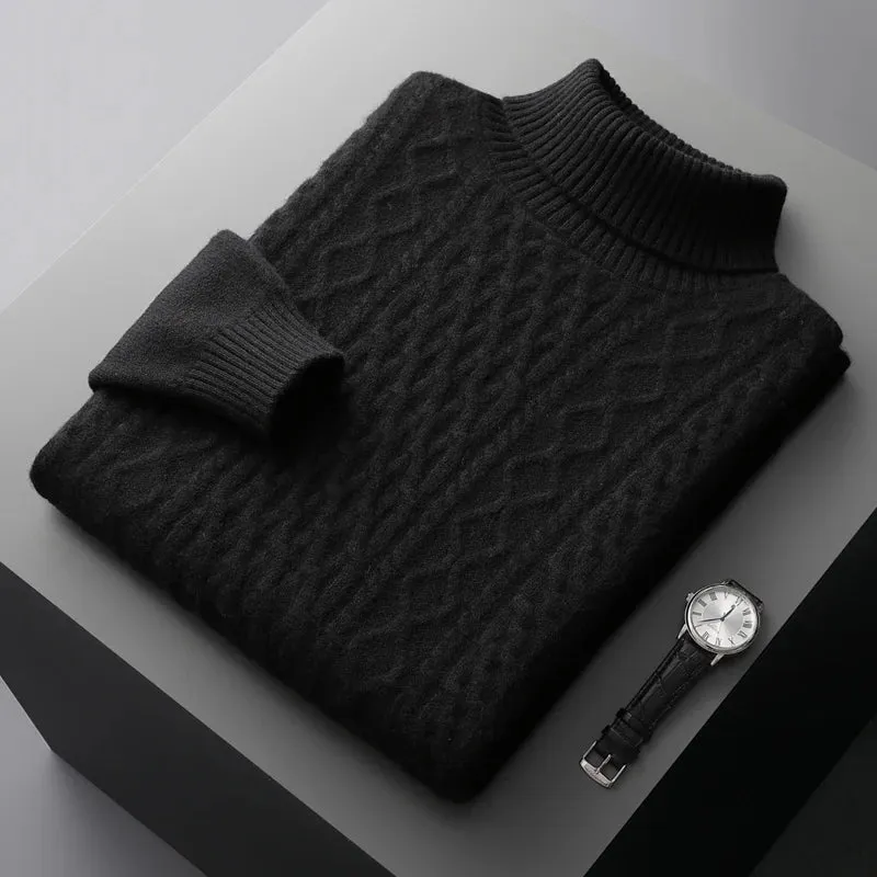 100% merino wool autumn and winter New men's high-necked double-stranded thick jacquard pullover sweater knitted bottoming shirt