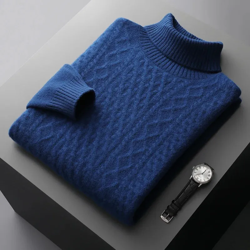 100% merino wool autumn and winter New men's high-necked double-stranded thick jacquard pullover sweater knitted bottoming shirt