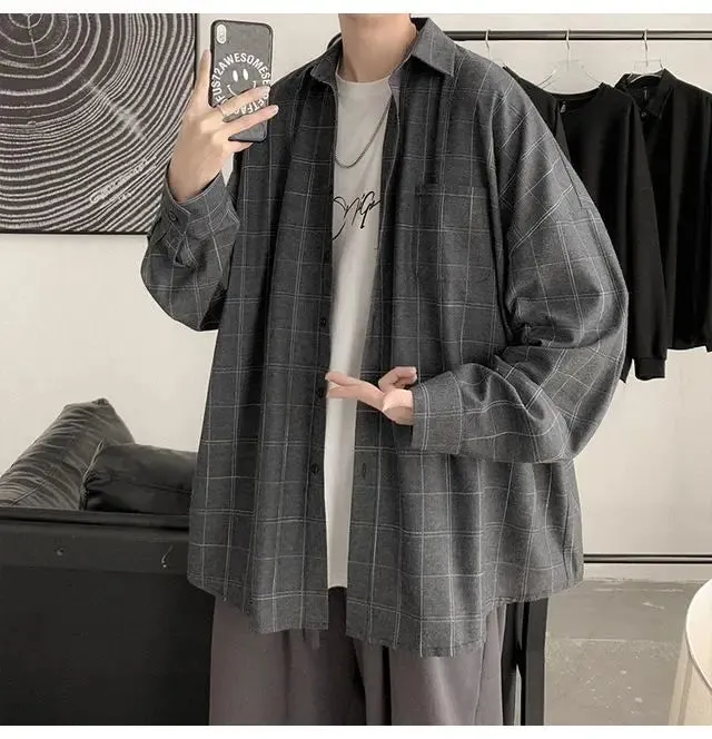 Aidase Spring Autumn Versatile Men's Cool Casual Loose Tess Button T-Shirt Soft Long Sleeve College Style Plaid Student Sport Pocket
