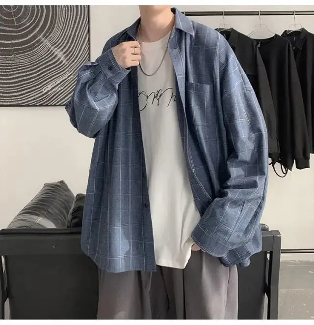 Aidase Spring Autumn Versatile Men's Cool Casual Loose Tess Button T-Shirt Soft Long Sleeve College Style Plaid Student Sport Pocket