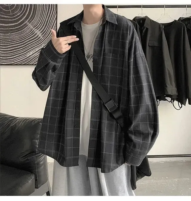 Aidase Spring Autumn Versatile Men's Cool Casual Loose Tess Button T-Shirt Soft Long Sleeve College Style Plaid Student Sport Pocket