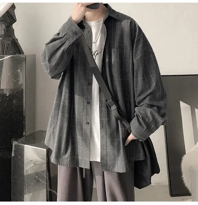 Aidase Spring Autumn Versatile Men's Cool Casual Loose Tess Button T-Shirt Soft Long Sleeve College Style Plaid Student Sport Pocket