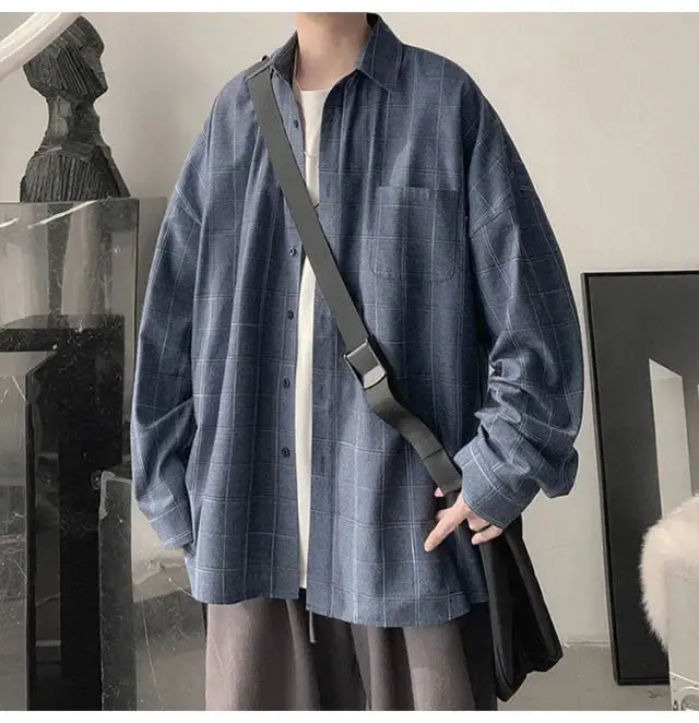 Aidase Spring Autumn Versatile Men's Cool Casual Loose Tess Button T-Shirt Soft Long Sleeve College Style Plaid Student Sport Pocket