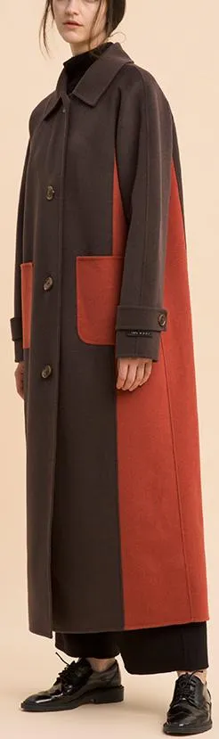 Bicolor Single-Breasted Long Wool Coat