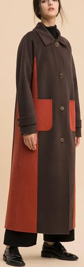 Bicolor Single-Breasted Long Wool Coat