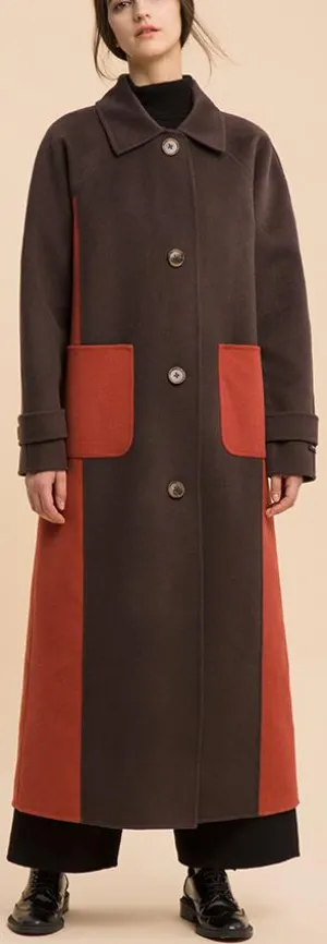 Bicolor Single-Breasted Long Wool Coat