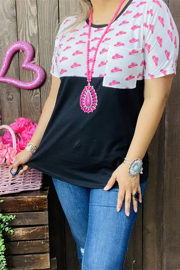 DLH9954 Pink hats block black printed short sleeve with front pocket women tops