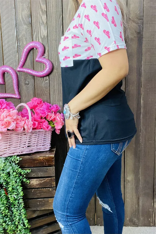 DLH9954 Pink hats block black printed short sleeve with front pocket women tops