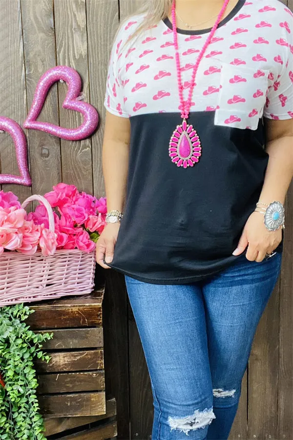 DLH9954 Pink hats block black printed short sleeve with front pocket women tops