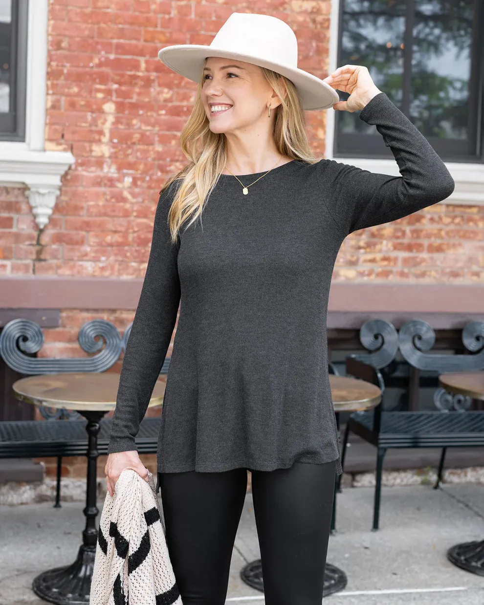 Grace & Lace Long Sleeve Tunic Tee - Heathered Charcoal