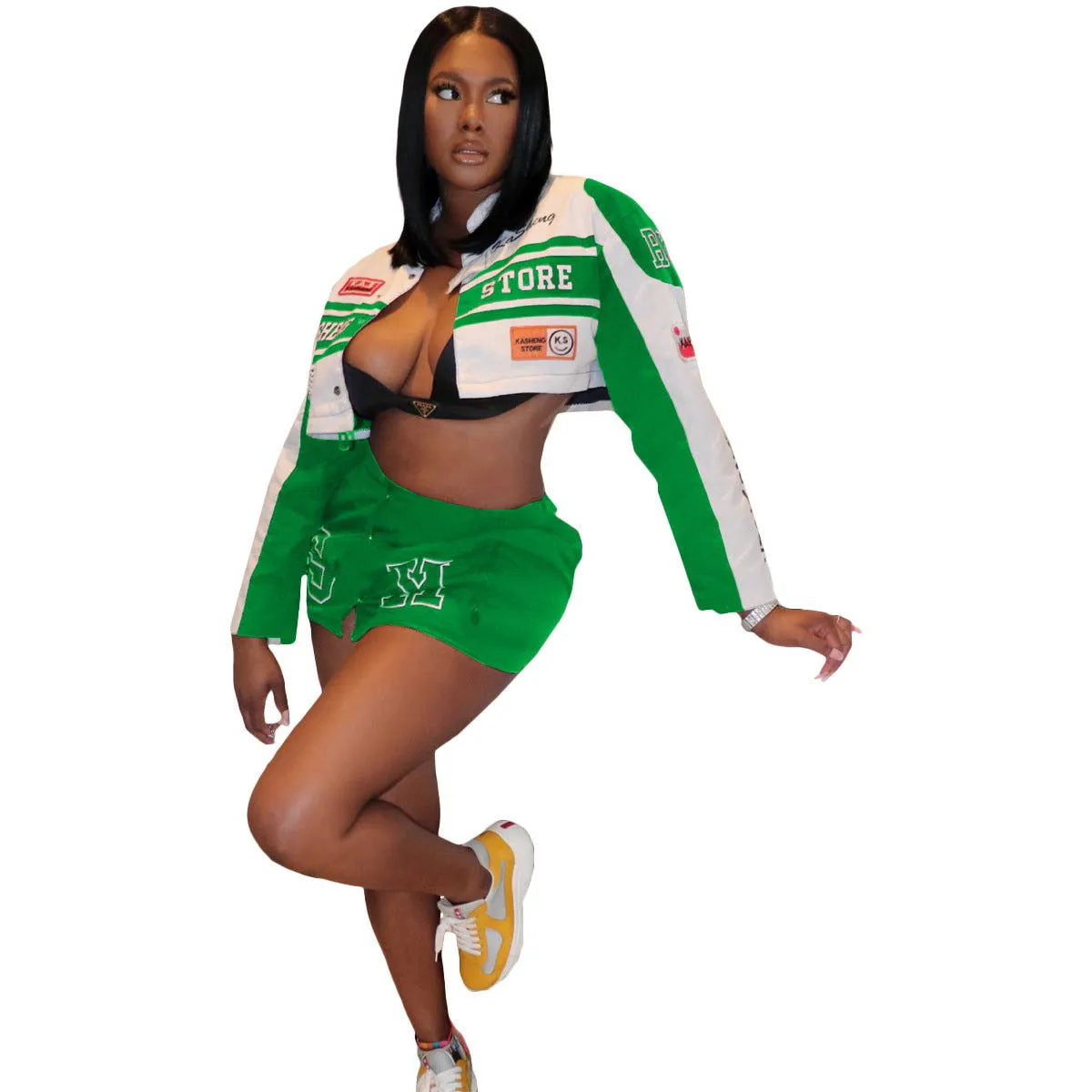 Hot Girl Detachable Motorcycle Crop Jacket Skirt Suits
