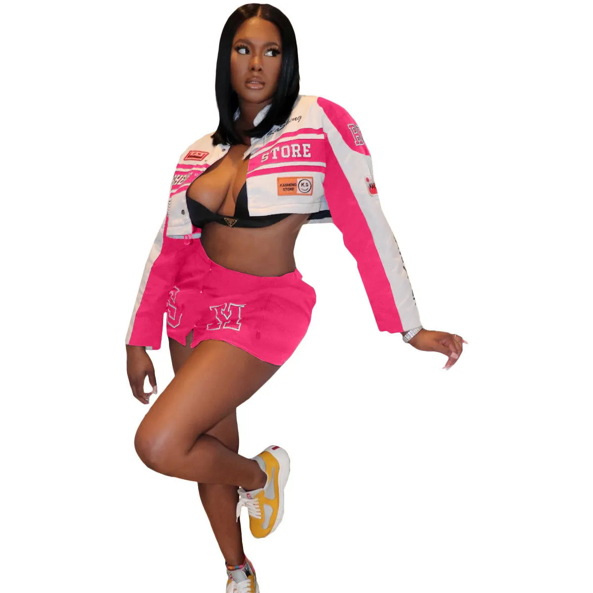 Hot Girl Detachable Motorcycle Crop Jacket Skirt Suits