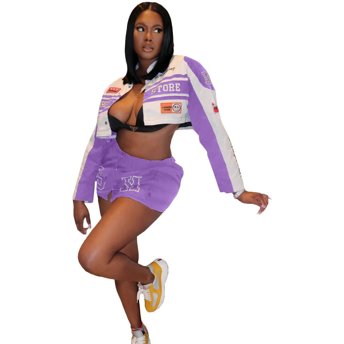 Hot Girl Detachable Motorcycle Crop Jacket Skirt Suits