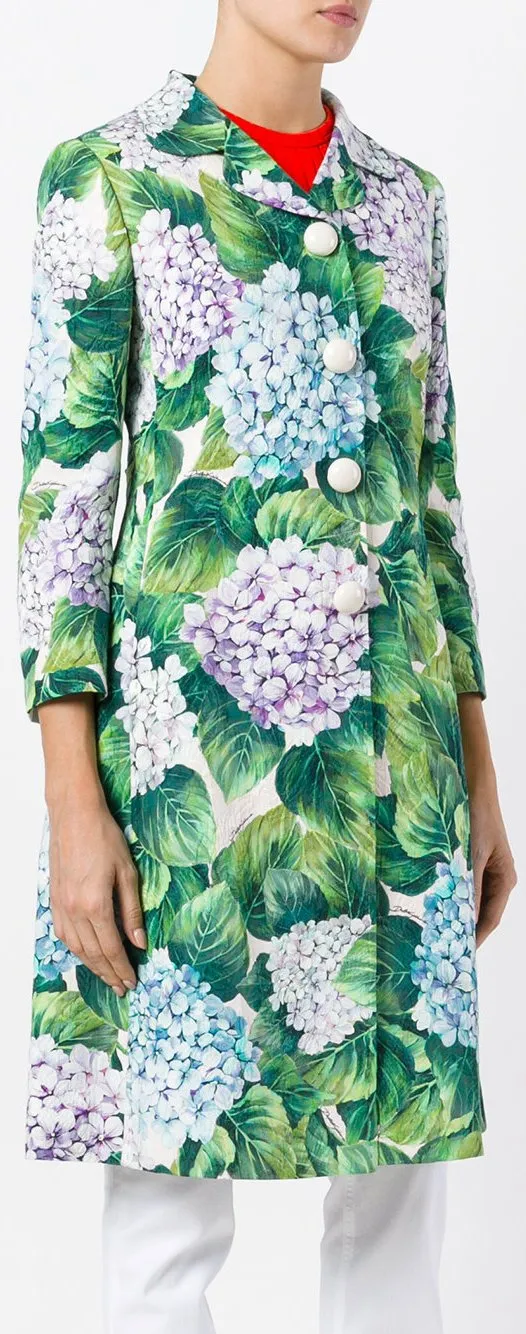 Hydrangea Single-Breasted Brocade Coat, Green