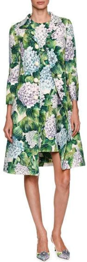 Hydrangea Single-Breasted Brocade Coat, Green