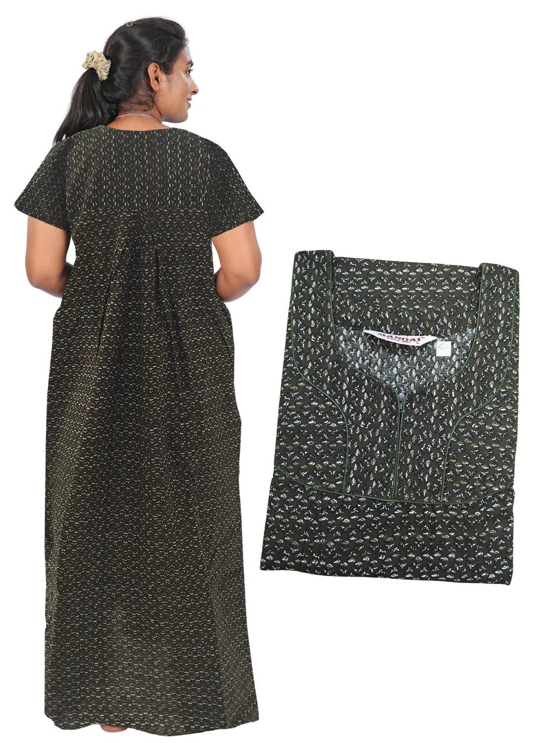 MANGAI New Regular Fit Cotton Printed Pleated Nighties - All Over Printed Stylish Nighties  | Side Cut Pocket | Front Open Zipper Type | Beautiful Nighties for Stylish Women's (PLE)