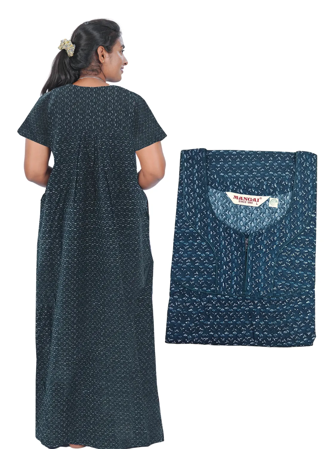 MANGAI New Regular Fit Cotton Printed Pleated Nighties - All Over Printed Stylish Nighties  | Side Cut Pocket | Front Open Zipper Type | Beautiful Nighties for Stylish Women's (PLE)