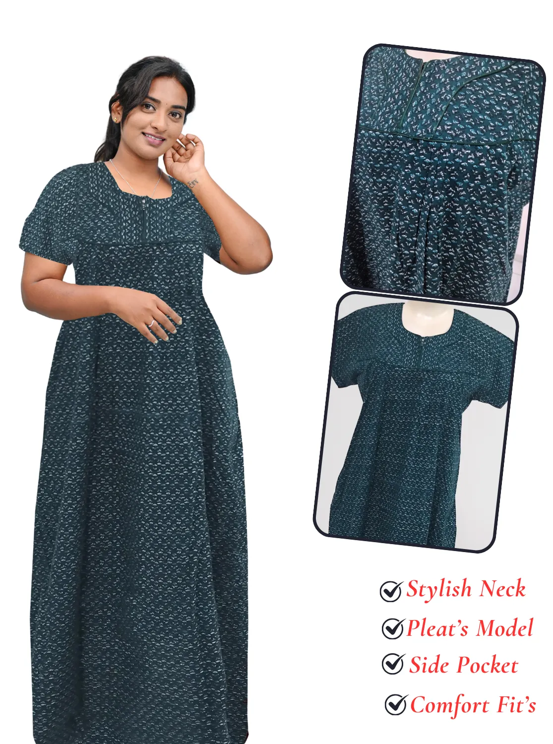 MANGAI New Regular Fit Cotton Printed Pleated Nighties - All Over Printed Stylish Nighties  | Side Cut Pocket | Front Open Zipper Type | Beautiful Nighties for Stylish Women's (PLE)