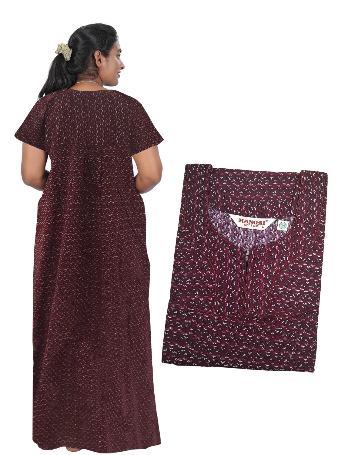 MANGAI New Regular Fit Cotton Printed Pleated Nighties - All Over Printed Stylish Nighties  | Side Cut Pocket | Front Open Zipper Type | Beautiful Nighties for Stylish Women's (PLE)