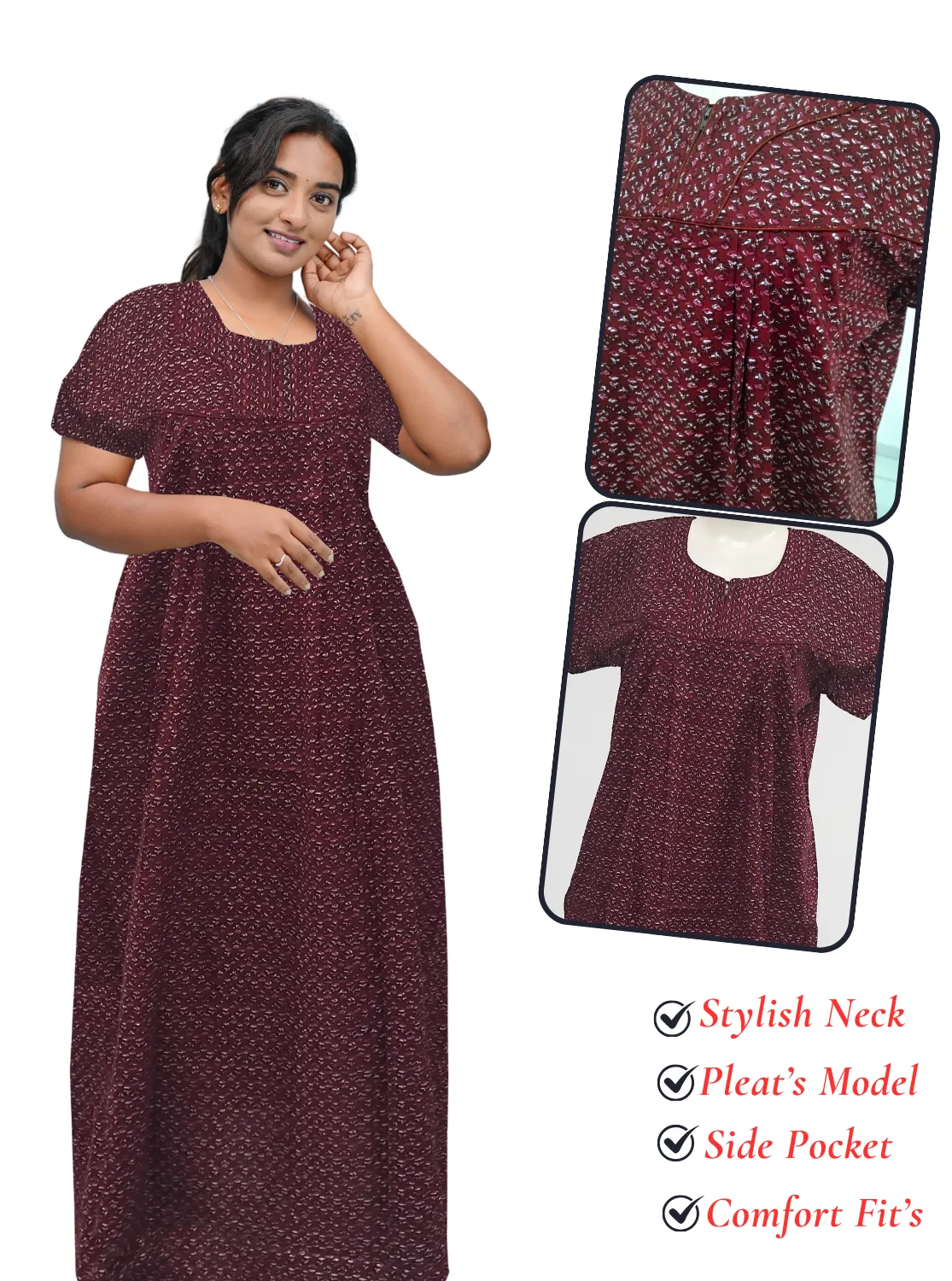 MANGAI New Regular Fit Cotton Printed Pleated Nighties - All Over Printed Stylish Nighties  | Side Cut Pocket | Front Open Zipper Type | Beautiful Nighties for Stylish Women's (PLE)