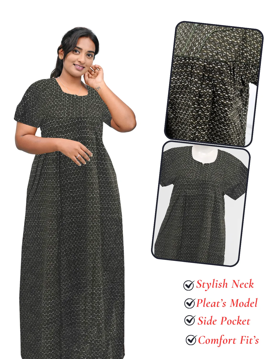 MANGAI New Regular Fit Cotton Printed Pleated Nighties - All Over Printed Stylish Nighties  | Side Cut Pocket | Front Open Zipper Type | Beautiful Nighties for Stylish Women's (PLE)