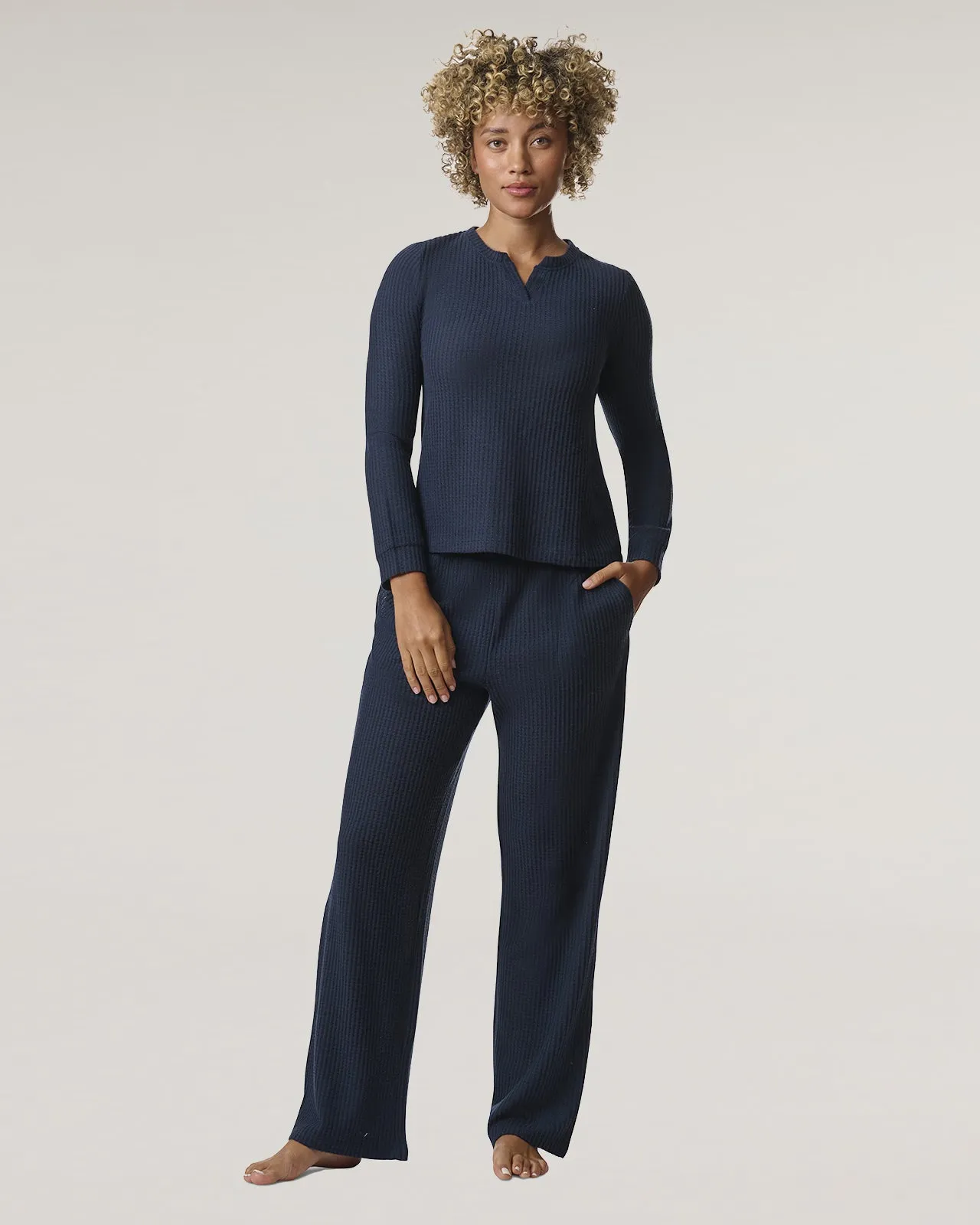 Navy Split Crewneck Waffle Knit Sleep Set
