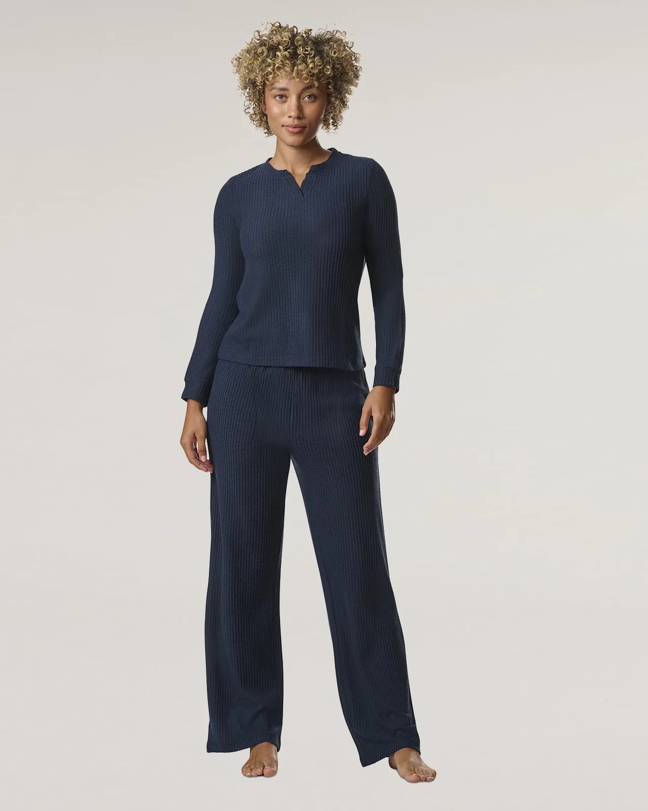 Navy Split Crewneck Waffle Knit Sleep Set