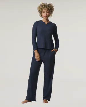 Navy Split Crewneck Waffle Knit Sleep Set