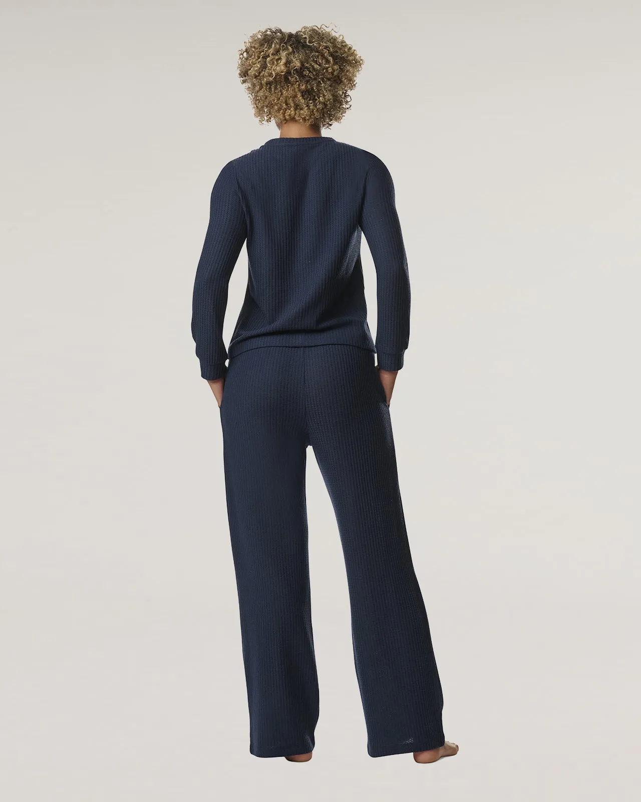 Navy Split Crewneck Waffle Knit Sleep Set