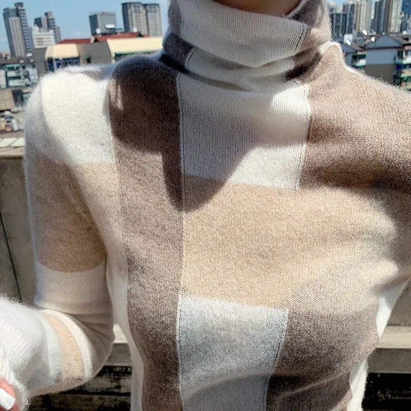 New Cashmere Sweater Women's High-neck Color Matching 100% Pure Wool