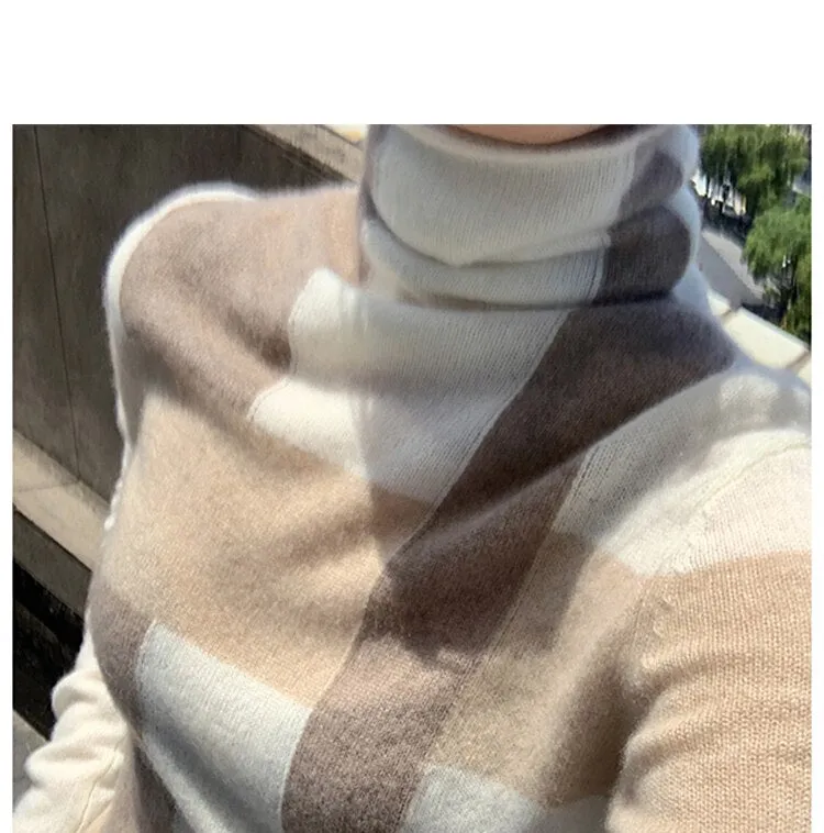 New Cashmere Sweater Women's High-neck Color Matching 100% Pure Wool
