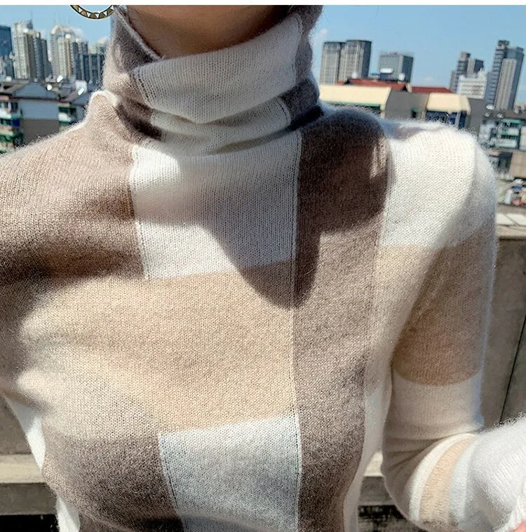 New Cashmere Sweater Women's High-neck Color Matching 100% Pure Wool