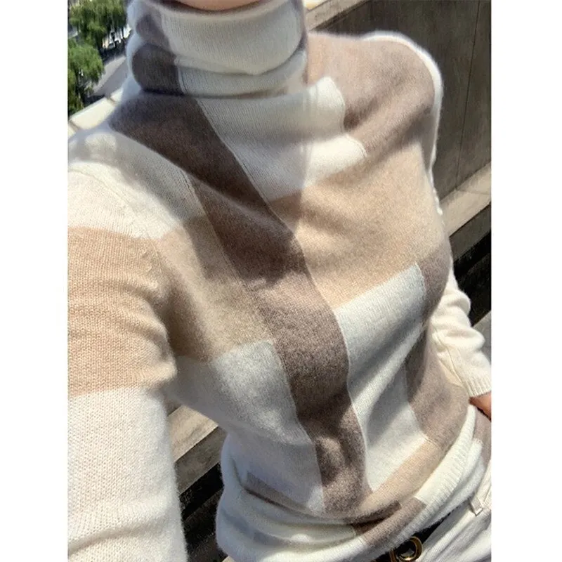 New Cashmere Sweater Women's High-neck Color Matching 100% Pure Wool