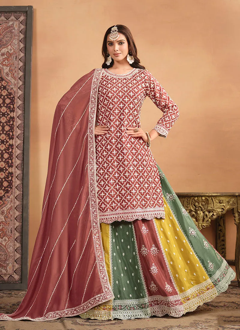 Peach Multi Embroidery Festive Lehenga Kurti