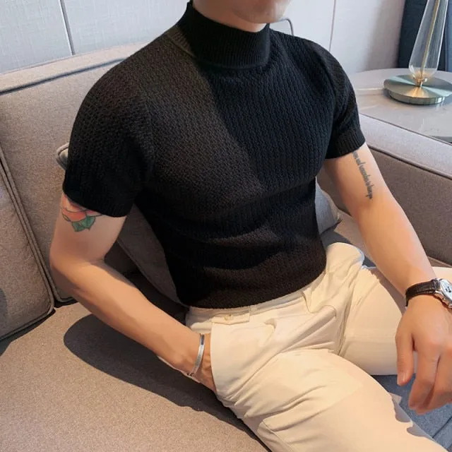 Short Sleeve Knitted Slim Fit Stretched Turtleneck Pullovers