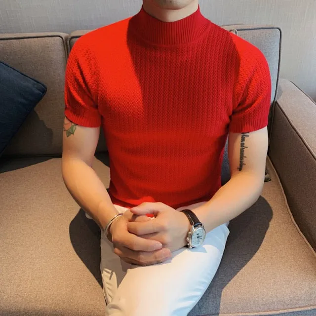 Short Sleeve Knitted Slim Fit Stretched Turtleneck Pullovers