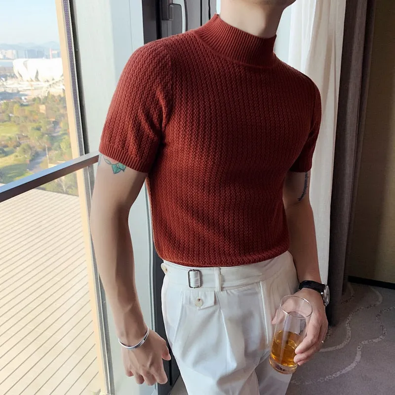 Short Sleeve Knitted Slim Fit Stretched Turtleneck Pullovers