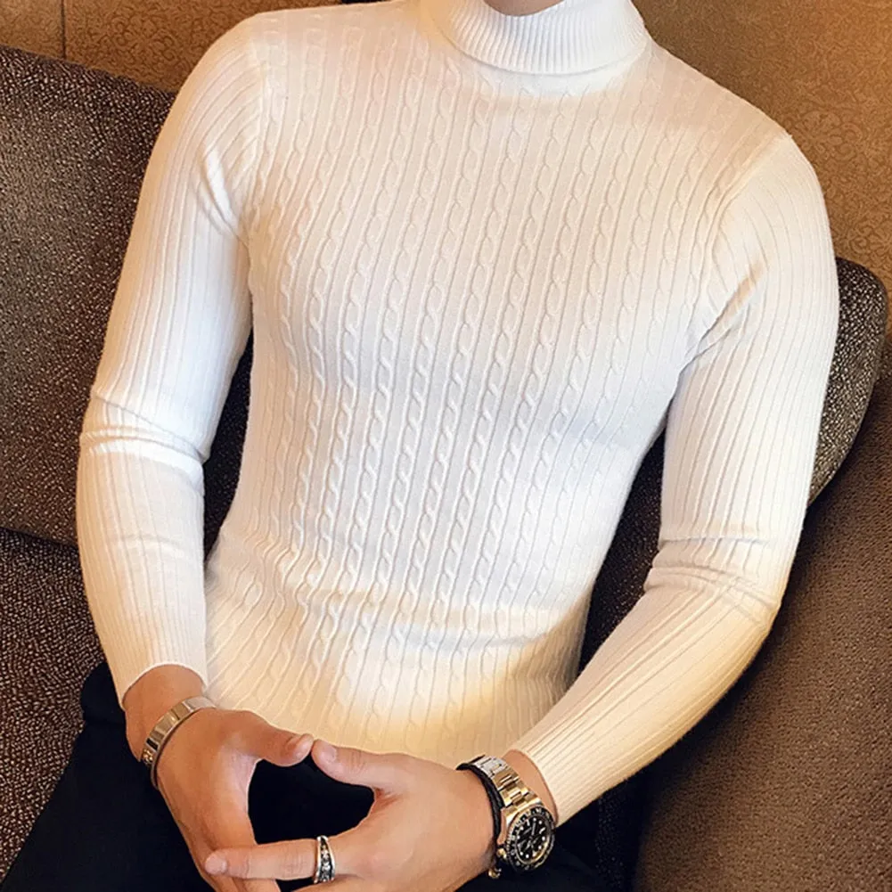 Solid Color Turtle Neck Long Sleeve Twist Knitted Slim Sweater