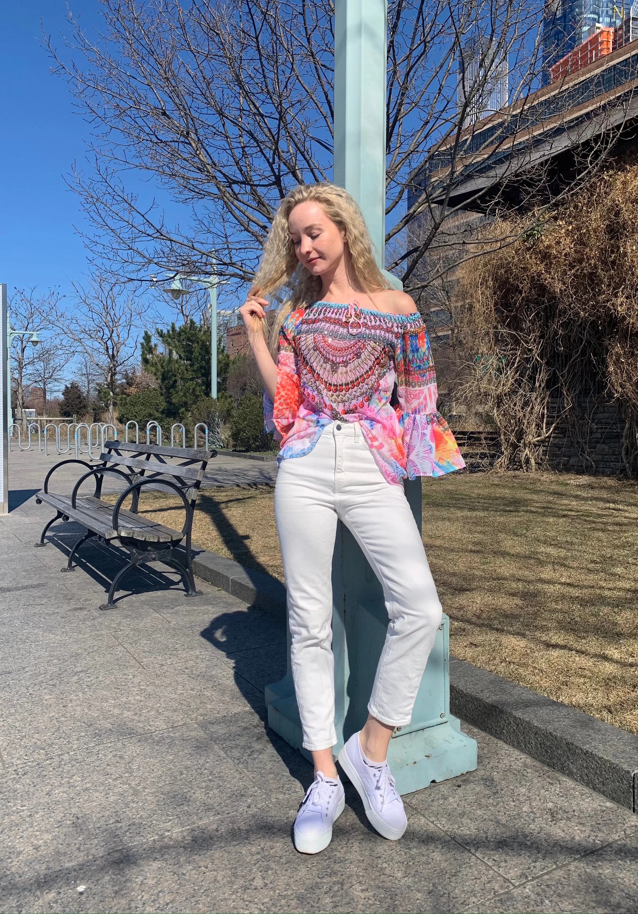 Spring pink tunic, off the shoulder style,