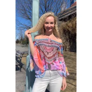 Spring pink tunic, off the shoulder style,