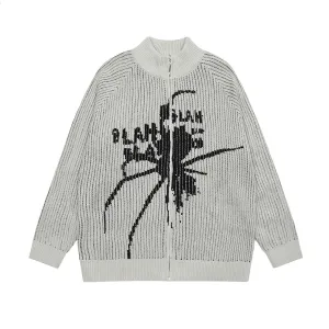 Wiaofellas Vintage Spider Print Knitted Sweaters Men's and Women's Stand Washed Streetwear Baggy Woolen Clothes Cardigan Autumn Jackets